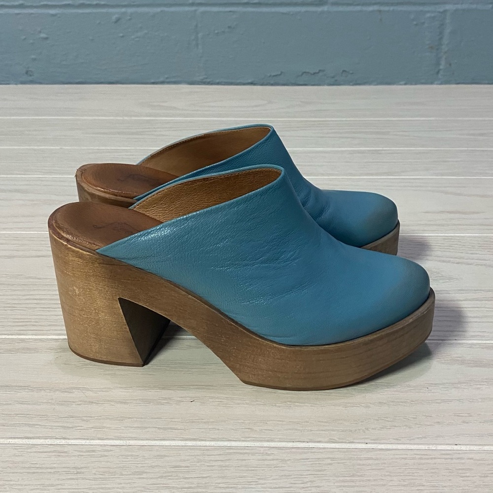 free people blue leather high heel clogs